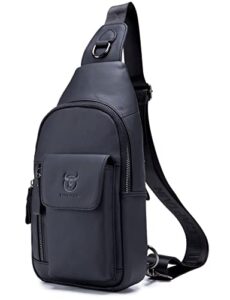 bullcaptain men genuine leather shoulder sling bag daypack casual multi- pocket crossbody chest bag travel hiking backpacks (black)
