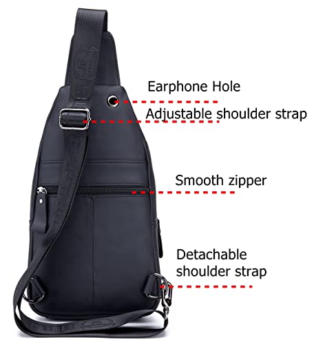 BULLCAPTAIN Men Genuine Leather Shoulder Sling Bag Daypack Casual Multi- pocket Crossbody Chest Bag Travel Hiking Backpacks (Black)