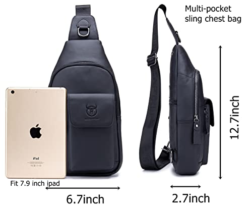 BULLCAPTAIN Men Genuine Leather Shoulder Sling Bag Daypack Casual Multi- pocket Crossbody Chest Bag Travel Hiking Backpacks (Black)