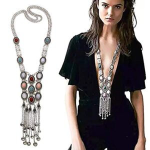turquoise long boho bohemian statement ethnic tribal necklace for women vintage retro rhinestone (silver)
