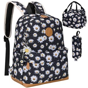 Maidek Daisy Girls Backpack for School - Floral Book Bag for Kids with Matching Lunch Bag, Pencil Case & Keychain Tag - Soft Canvas Fabric with Mesh Back - For Preschool, Travel - Set of 3, Black