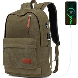 canvas school backpack, waterproof computer backpack with usb charging port, vintage durable backpack for college students, travel backpacks for men & women, work backpack fit 15.6 inch laptop (green)