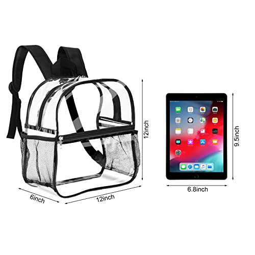 2 Pieces Clear Mini Backpack Stadium Approved 12x12x6 Stadium Backpack with 2 Water Holders Heavy Duty Clear Bookbag See Through Transparent Backpack for Concert Work Sport Games Festival Venues