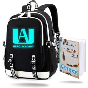 aaatj anime mha luminous backpack with usb charging port unisex bnha izuku journal notebook fashion travel backpack, black (bp-001)