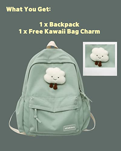 Aesthetic Backpack with Kawaii Cloud Pendant, Large Capacity Rucksack, Sturdy and Durable, Back to School Essential. (Matcha Green)