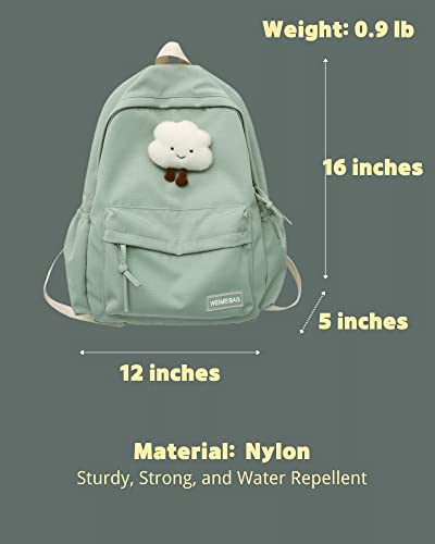 Aesthetic Backpack with Kawaii Cloud Pendant, Large Capacity Rucksack, Sturdy and Durable, Back to School Essential. (Matcha Green)