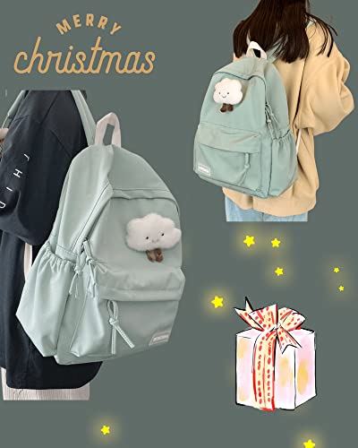 Aesthetic Backpack with Kawaii Cloud Pendant, Large Capacity Rucksack, Sturdy and Durable, Back to School Essential. (Matcha Green)