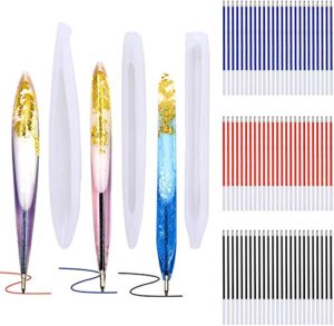3 pieces pen shape resin mold ballpoint pen silicone molds epoxy resin molds resin casting molds with 75 pieces ballpoint refill pens for diy resin crafts making (assorted color)