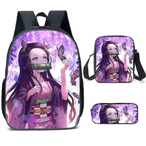 konbeases anime demon slayer backpack 3 pcs set, 3d print bookbag, schoolbag for teen girls boys fans-nezuko e