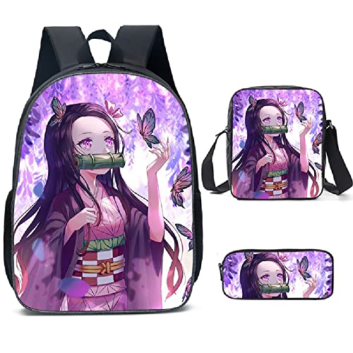 Konbeases Anime Demon Slayer Backpack 3 PCS Set, 3D Print Bookbag, Schoolbag for Teen Girls Boys Fans-Nezuko E