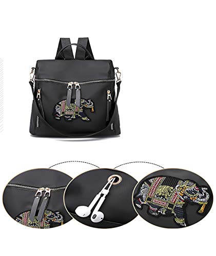LTDH Women Backpack Fashion Shoulder Bag Girls Daypack Travel Rucksack Bag Embroidery Elephant (Black)