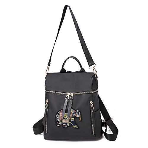 LTDH Women Backpack Fashion Shoulder Bag Girls Daypack Travel Rucksack Bag Embroidery Elephant (Black)