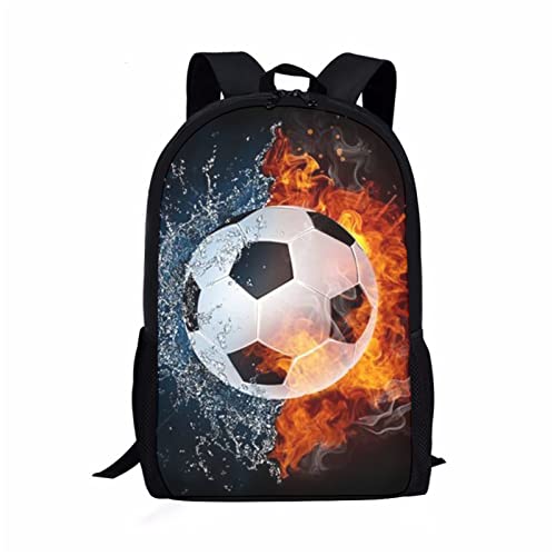 Deeprinter Cool Fire Ice Football Print Kids Boys Backpacks for School Casual Large Capacity Laptop Backpack Lightweight Polyester School Bookbags with Strap Adjustable