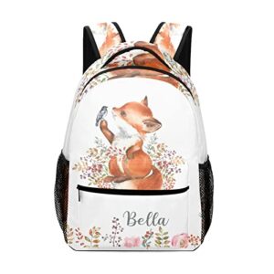 cute fox little bird custom kids backpack 16.5 inch for boy girl, personalized waterproof child school travel bag with name
