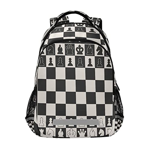 Black White Chess Board School Backpacks with Chest Strap for Teens Boys Girls,Lightweight Student Bookbags 17 Inch, Chess Pieces Casual Daypack Schoolbags