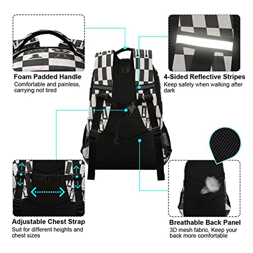 Black White Chess Board School Backpacks with Chest Strap for Teens Boys Girls,Lightweight Student Bookbags 17 Inch, Chess Pieces Casual Daypack Schoolbags