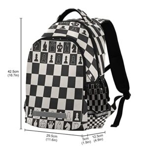 Black White Chess Board School Backpacks with Chest Strap for Teens Boys Girls,Lightweight Student Bookbags 17 Inch, Chess Pieces Casual Daypack Schoolbags