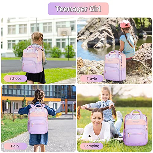 Ankuer Kids Backpack for Girls Elementary School Bag for Children Cute Kawaii Book Bag Travel Backpack Fits Up 15.6 Inch Laptop Backpack Casual Daypack for Women (Purple Pink)