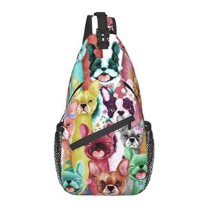 cute frenchie bulldog dogs cartoon puppy lovers colorful rainbow tie dye sling bag folding chest shoulder backpack crossbody bags for men woman travel gym school ipad camera print dog backpacks gifts