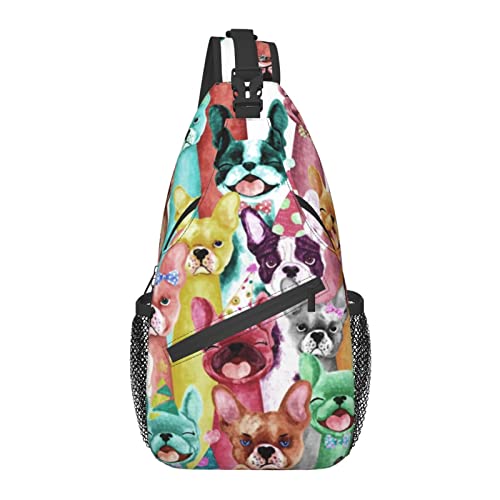 Cute Frenchie Bulldog Dogs Cartoon Puppy Lovers Colorful Rainbow Tie Dye Sling Bag Folding Chest Shoulder Backpack Crossbody Bags For Men Woman Travel Gym School ipad Camera Print Dog Backpacks Gifts