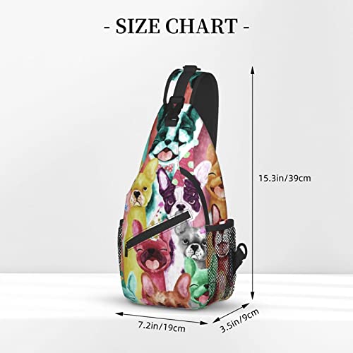 Cute Frenchie Bulldog Dogs Cartoon Puppy Lovers Colorful Rainbow Tie Dye Sling Bag Folding Chest Shoulder Backpack Crossbody Bags For Men Woman Travel Gym School ipad Camera Print Dog Backpacks Gifts