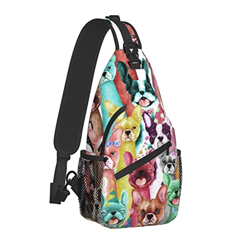 Cute Frenchie Bulldog Dogs Cartoon Puppy Lovers Colorful Rainbow Tie Dye Sling Bag Folding Chest Shoulder Backpack Crossbody Bags For Men Woman Travel Gym School ipad Camera Print Dog Backpacks Gifts