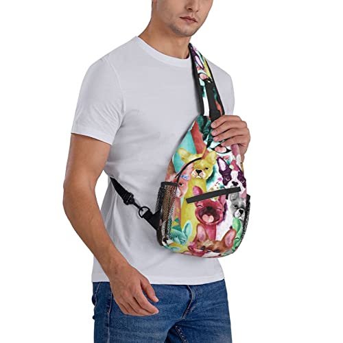 Cute Frenchie Bulldog Dogs Cartoon Puppy Lovers Colorful Rainbow Tie Dye Sling Bag Folding Chest Shoulder Backpack Crossbody Bags For Men Woman Travel Gym School ipad Camera Print Dog Backpacks Gifts