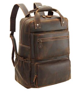 polare full grain leather 17.3‘’ backpack laptop bag camping travel rucksack fits 15.6” laptop dark brown