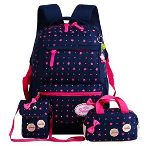 stars-print and bowknot backpack set large elementary bookbag 3pcs set school bags for teen girls