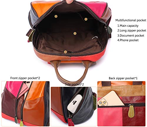 New Women’s Multicolor Backpack Genuine Leather Colorful Patchwork Shoulder Bags (Multicoloured-M)