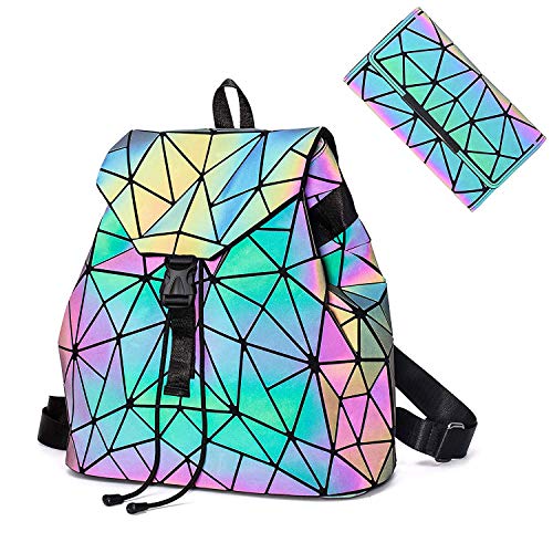 Geometric Backpack Luminous Backpacks Holographic Reflective Bag Lumikay Bags Irredescent Rucksack Rainbow (Style2+wallet set)