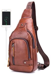 bullcaptain mens sling bag genuine leather chest shoulder bags with usb charging port casual crossbody bag travel hiking daypacks (brown)