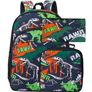 wzlvo 3pcs kids backpacks for boys, 16″ dinosaur preschool school bookbag and lunch box for elementary toddler