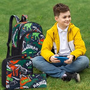 WZLVO 3PCS Kids Backpacks for Boys, 16" Dinosaur Preschool School Bookbag and Lunch Box for Elementary Toddler