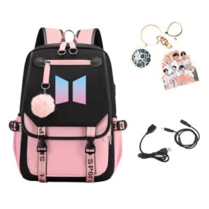 pshndb kpop btss backpack with audio cable usb charging port jimin suga jin taehyung v jungkook jhope rm korean casual laptop bag college school for girls army fans gifts (black), 18*11.4*6.3 inch