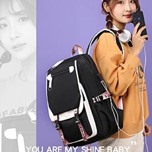 PSHNDB Kpop BTSS Backpack With Audio Cable USB Charging Port JIMIN SUGA JIN TAEHYUNG V JUNGKOOK JHOPE RM Korean Casual Laptop Bag College School for Girls Army Fans Gifts (Black), 18*11.4*6.3 Inch