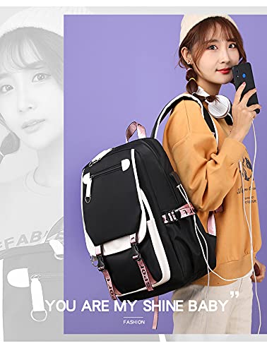 PSHNDB Kpop BTSS Backpack With Audio Cable USB Charging Port JIMIN SUGA JIN TAEHYUNG V JUNGKOOK JHOPE RM Korean Casual Laptop Bag College School for Girls Army Fans Gifts (Black), 18*11.4*6.3 Inch