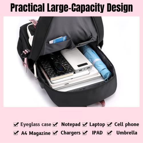 PSHNDB Kpop BTSS Backpack With Audio Cable USB Charging Port JIMIN SUGA JIN TAEHYUNG V JUNGKOOK JHOPE RM Korean Casual Laptop Bag College School for Girls Army Fans Gifts (Black), 18*11.4*6.3 Inch