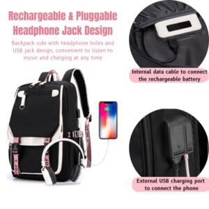 PSHNDB Kpop BTSS Backpack With Audio Cable USB Charging Port JIMIN SUGA JIN TAEHYUNG V JUNGKOOK JHOPE RM Korean Casual Laptop Bag College School for Girls Army Fans Gifts (Black), 18*11.4*6.3 Inch