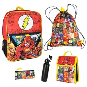 dc comics the flash 16″ backpack cinch bag water bottle lunch tote 5 pc set