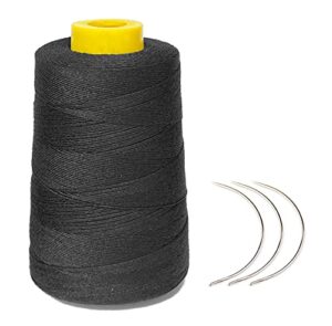 young hair thick human hair sewing thread with 3pcs curl needles wig making thread 1000 yards (black)