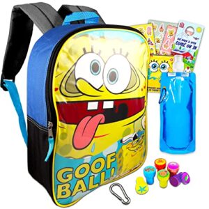 color shop spongebob squarepants backpack for kids – 6 pc bundle with 15” spongebob backpack, spongebob stickers, sea life stampers, water pouch, and more (spongebob school supplies)