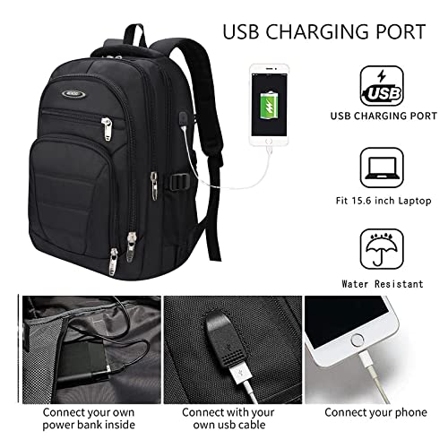 15.6 Inch Padded Laptop Backpack, 32L Business Travel Backpack with USB Charging Port Earphone Port, Waterproof College School Bag with Anti Theft for Men, Black