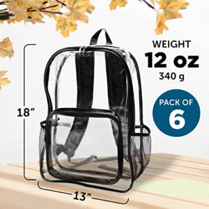 DISCOUNT PROMOS Heavy Duty Clear Plastic Backpacks Set of 6, Bulk Pack - PVC, Water Resistant, Great for School, Travel - Clear/Black