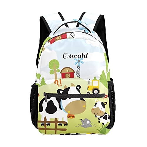 Custom Kid Backpack, Farmfield Cute Animals Cow Personalized Name School Bookbag, Customization Casual Bookbags for Student Girls Boys