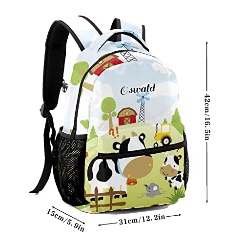 Custom Kid Backpack, Farmfield Cute Animals Cow Personalized Name School Bookbag, Customization Casual Bookbags for Student Girls Boys
