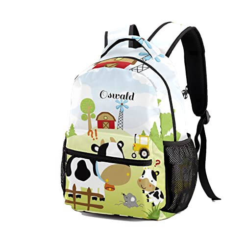 Custom Kid Backpack, Farmfield Cute Animals Cow Personalized Name School Bookbag, Customization Casual Bookbags for Student Girls Boys