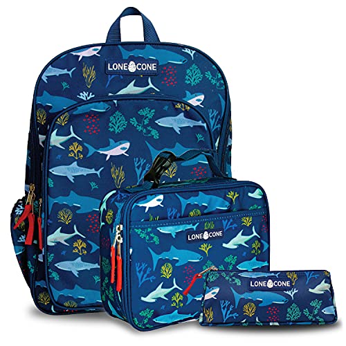 Lone Cone Kids' Backpacks for Boys & Girls, Sizes for Preschool Through Elementary, Shark School, Kit (15" Backpack w/ Lunch Box)