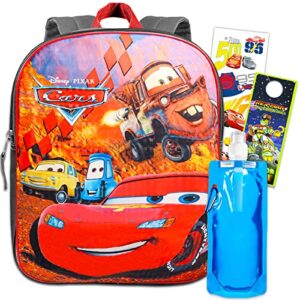 disney cars backpack set for boys, kids ~ bundle with deluxe 15 inch cars lightning mcqueen school bag, stickers, water pouch and door hanger (disney cars school supplies)