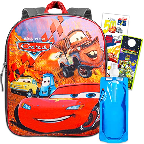 Disney Cars Backpack Set for Boys, Kids ~ Bundle with Deluxe 15 Inch Cars Lightning McQueen School Bag, Stickers, Water Pouch and Door Hanger (Disney Cars School Supplies)